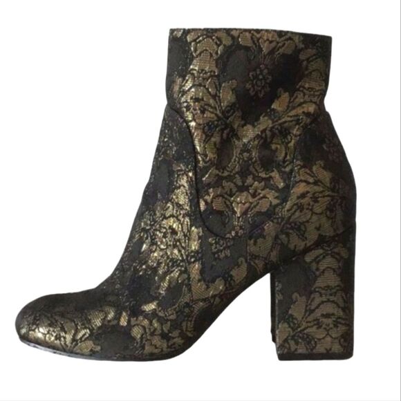 Marc Fisher‎ Boots Lace Brocade Jana Black Gold Metallic Platform Block Heel 7 - Picture 1 of 15